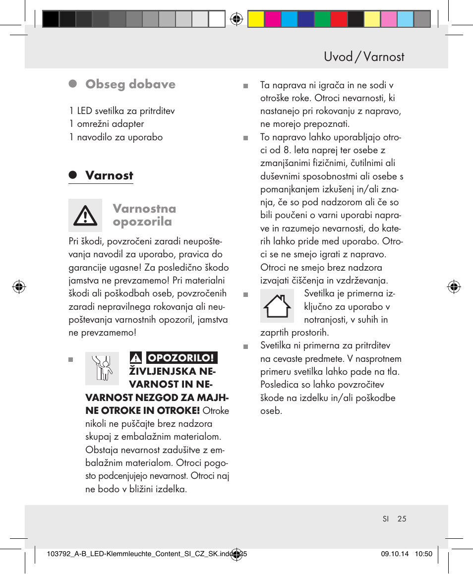 Uvod / varnost, Obseg dobave, Varnost | Varnostna opozorila | Livarno 103792-14-01-BS/103792-14-02-BS User Manual | Page 25 / 50