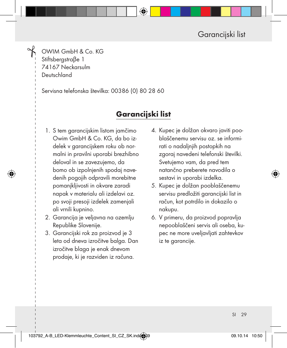 Garancijski list | Livarno 103792-14-01-BS/103792-14-02-BS User Manual | Page 29 / 50