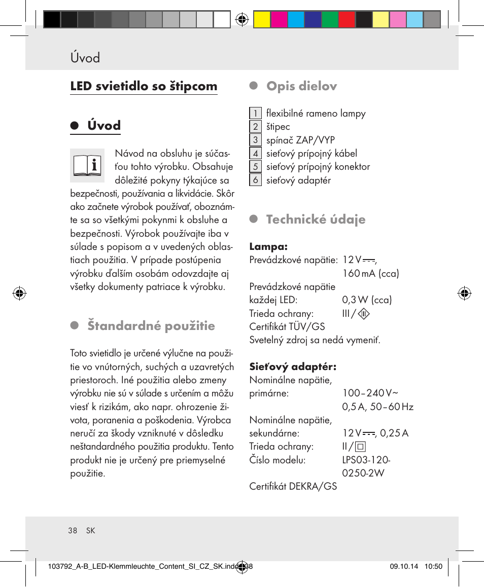 Úvod, Led svietidlo so štipcom, Štandardné použitie | Opis dielov, Technické údaje | Livarno 103792-14-01-BS/103792-14-02-BS User Manual | Page 38 / 50