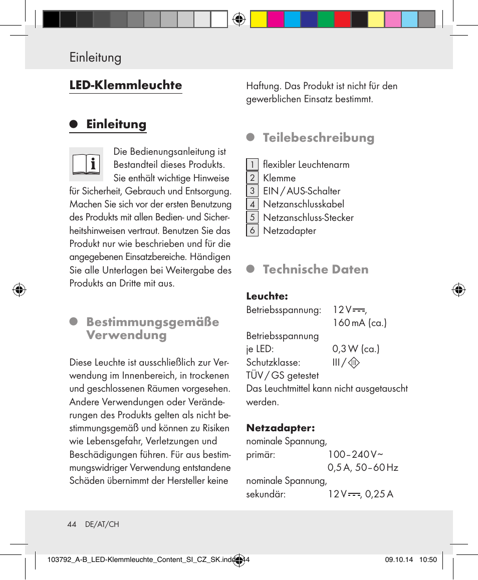 Einleitung, Led-klemmleuchte, Bestimmungsgemäße verwendung | Teilebeschreibung, Technische daten | Livarno 103792-14-01-BS/103792-14-02-BS User Manual | Page 44 / 50