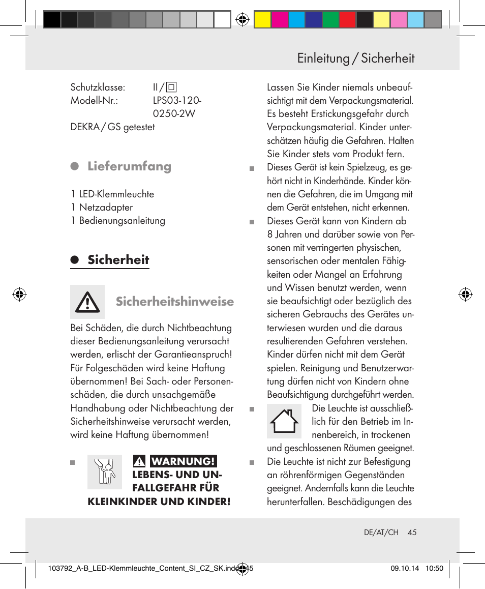 Einleitung / sicherheit, Lieferumfang, Sicherheit sicherheitshinweise | Livarno 103792-14-01-BS/103792-14-02-BS User Manual | Page 45 / 50