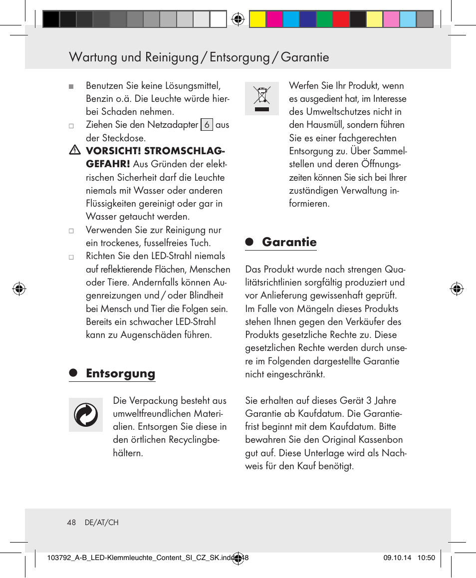 Wartung und reinigung / entsorgung / garantie, Entsorgung, Garantie | Livarno 103792-14-01-BS/103792-14-02-BS User Manual | Page 48 / 50