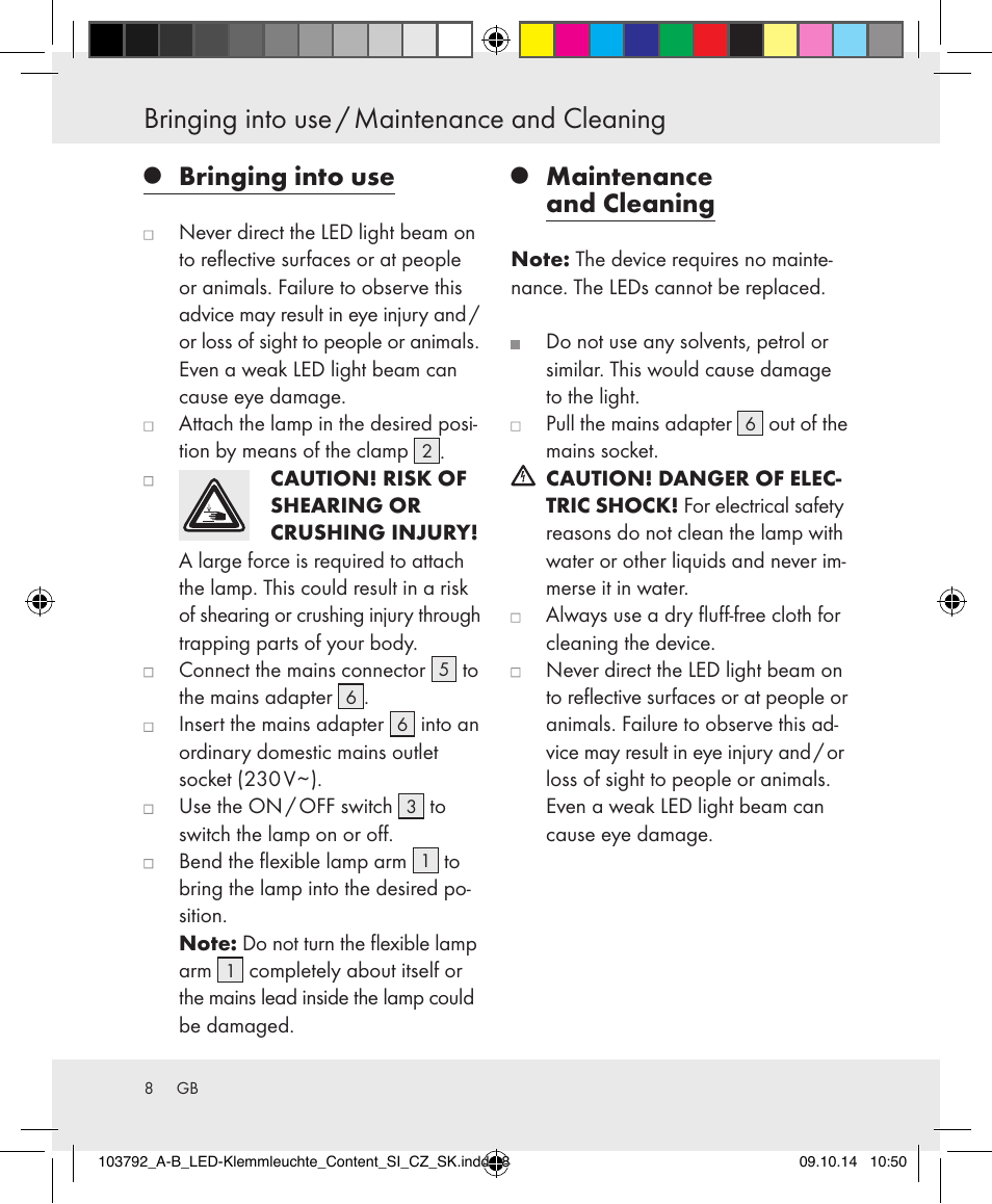 Bringing into use / maintenance and cleaning, Bringing into use, Maintenance and cleaning | Livarno 103792-14-01-BS/103792-14-02-BS User Manual | Page 8 / 50