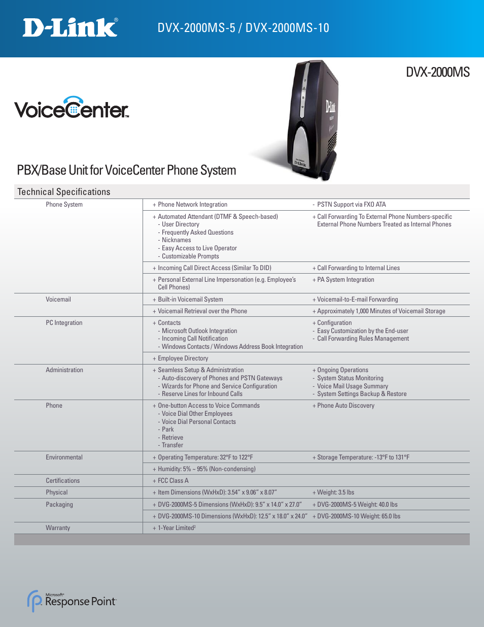 Dvx-2000ms, Pbx/base unit for voicecenter phone system, Technical specifications | D-Link VoiceCenter DVX-2000MS-10 User Manual | Page 2 / 5