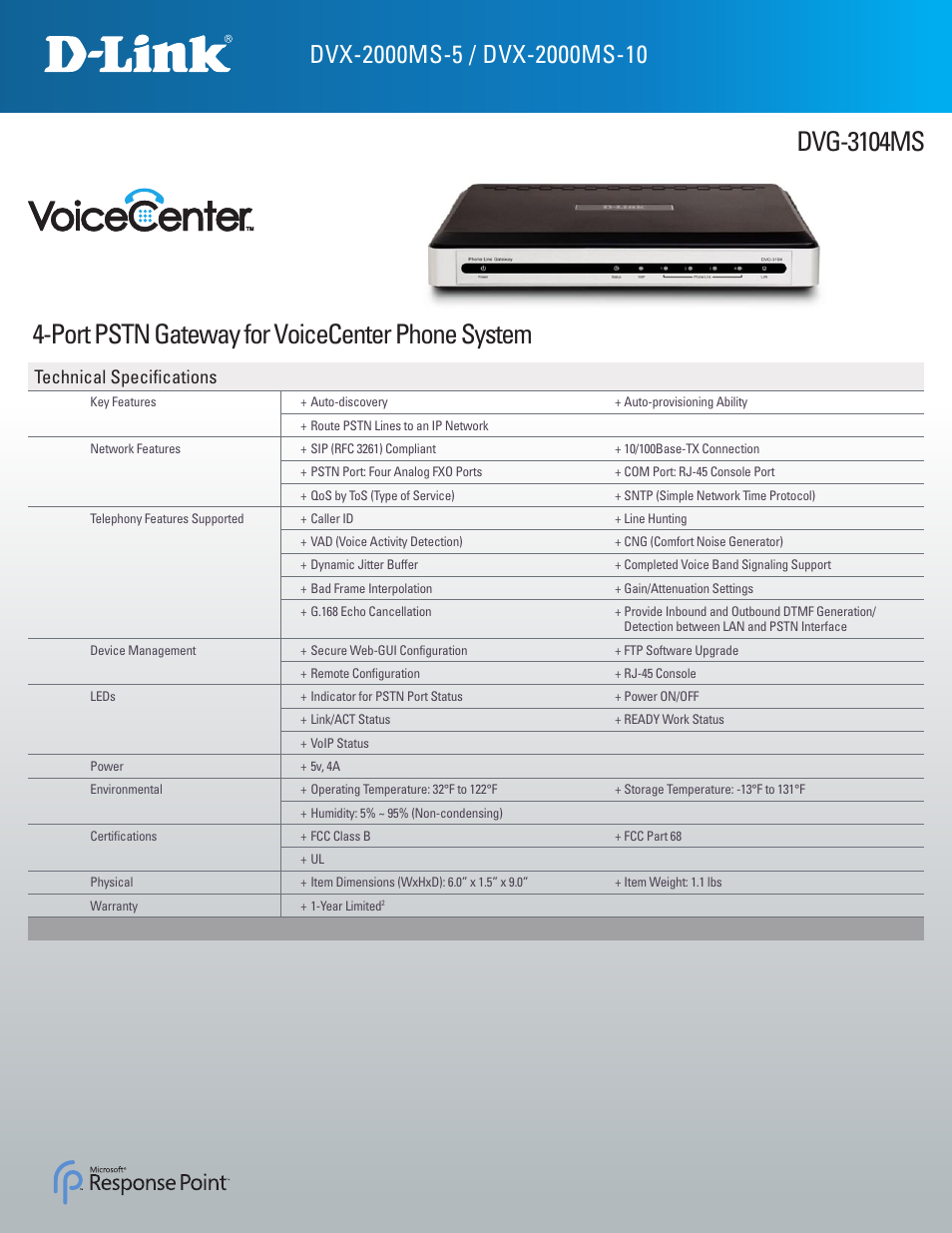 Technical specifications | D-Link VoiceCenter DVX-2000MS-10 User Manual | Page 3 / 5