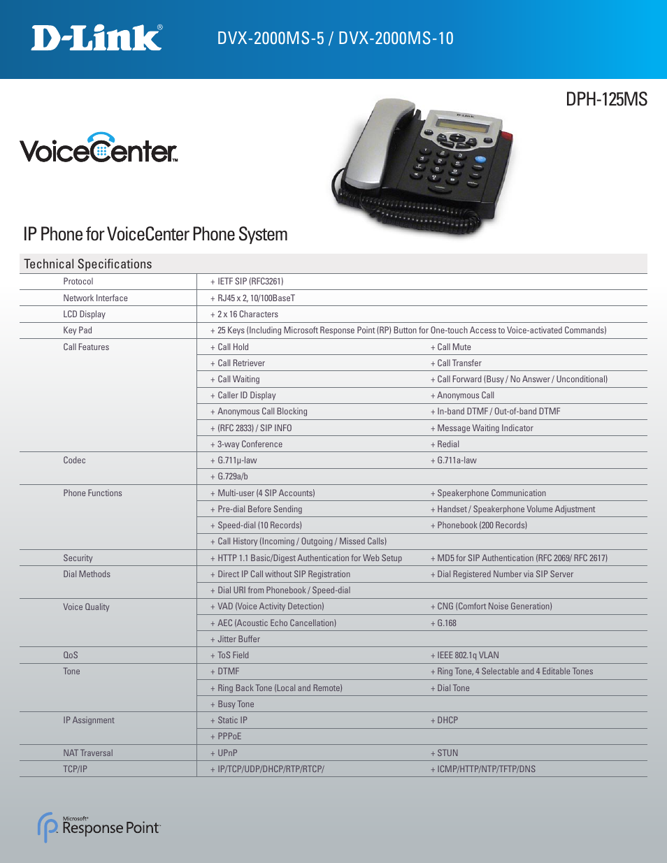 Dph-125ms ip phone for voicecenter phone system, Technical specifications | D-Link VoiceCenter DVX-2000MS-10 User Manual | Page 4 / 5