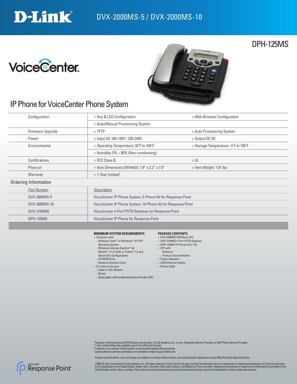 Dph-125ms ip phone for voicecenter phone system, Ordering information | D-Link VoiceCenter DVX-2000MS-10 User Manual | Page 5 / 5