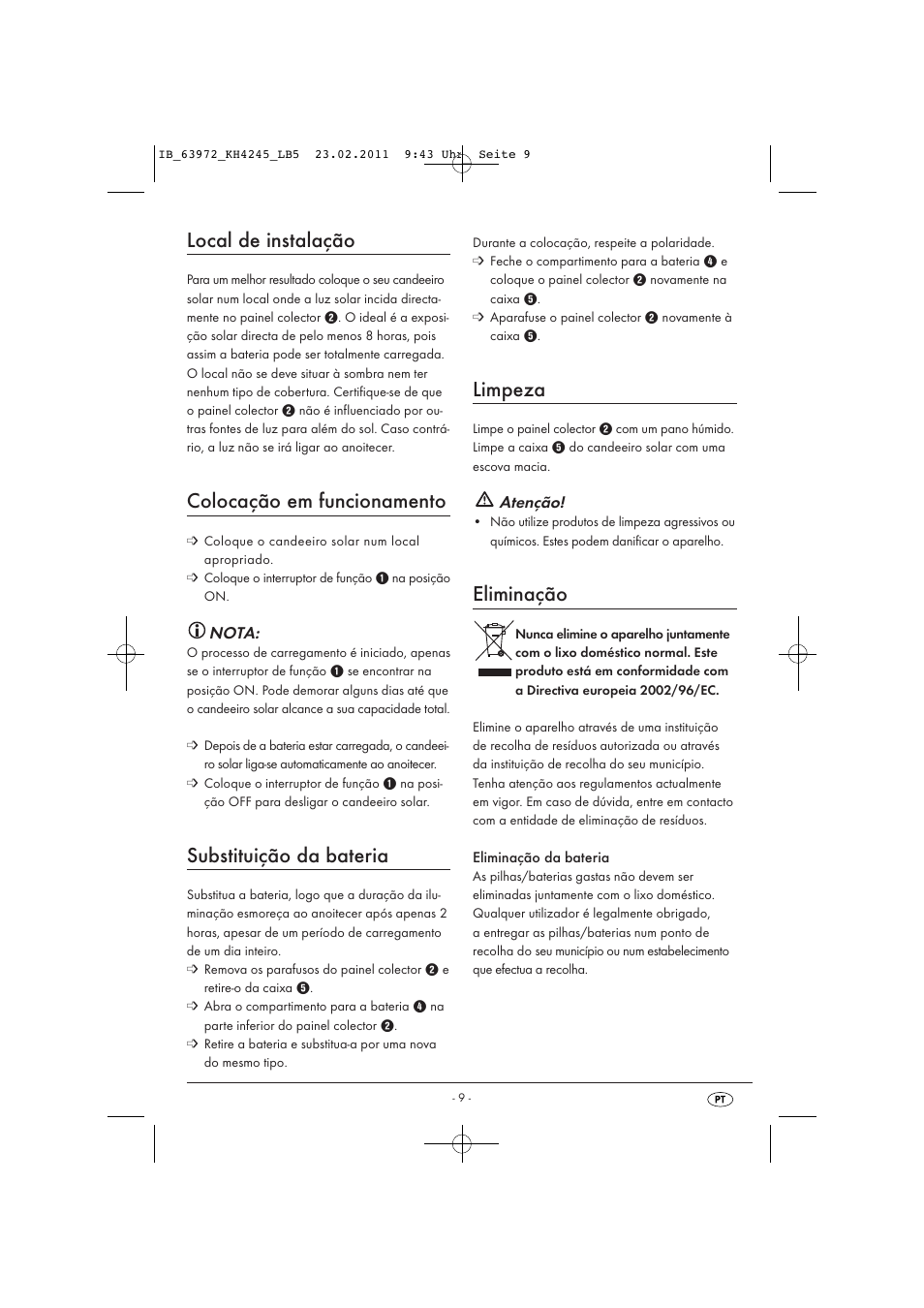 Local de instalação, Colocação em funcionamento, Substituição da bateria | Limpeza, Eliminação | Livarno KH 4245 User Manual | Page 11 / 18