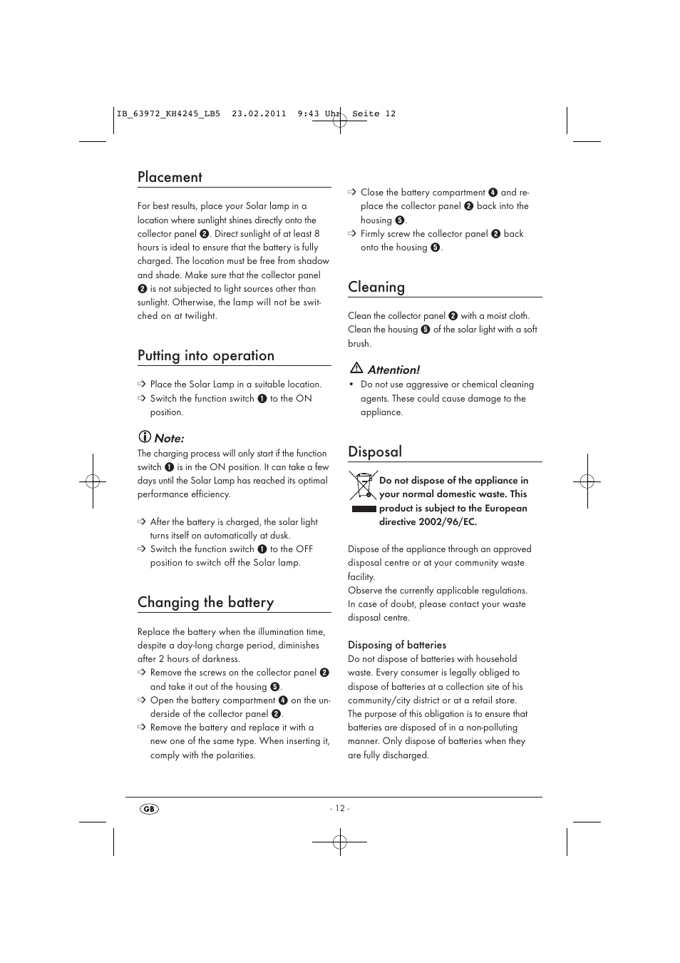 Placement, Putting into operation, Changing the battery | Cleaning, Disposal | Livarno KH 4245 User Manual | Page 14 / 18