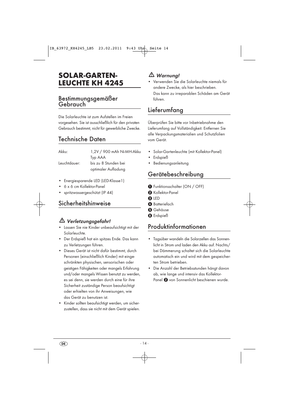 Solar-garten- leuchte kh 4245, Bestimmungsgemäßer gebrauch, Technische daten | Sicherheitshinweise, Lieferumfang, Gerätebeschreibung, Produktinformationen | Livarno KH 4245 User Manual | Page 16 / 18