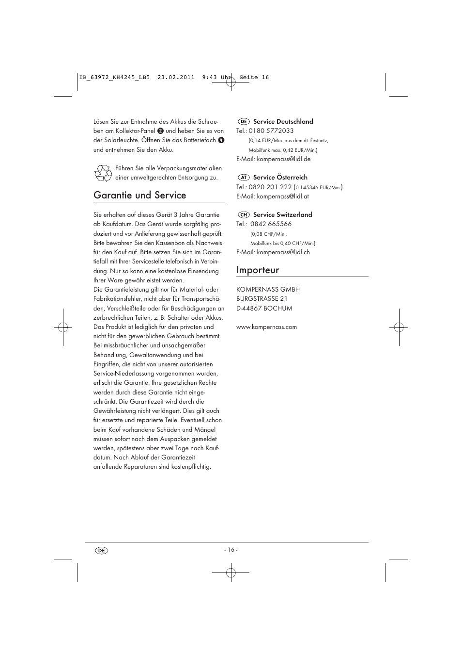 Importeur, Garantie und service | Livarno KH 4245 User Manual | Page 18 / 18