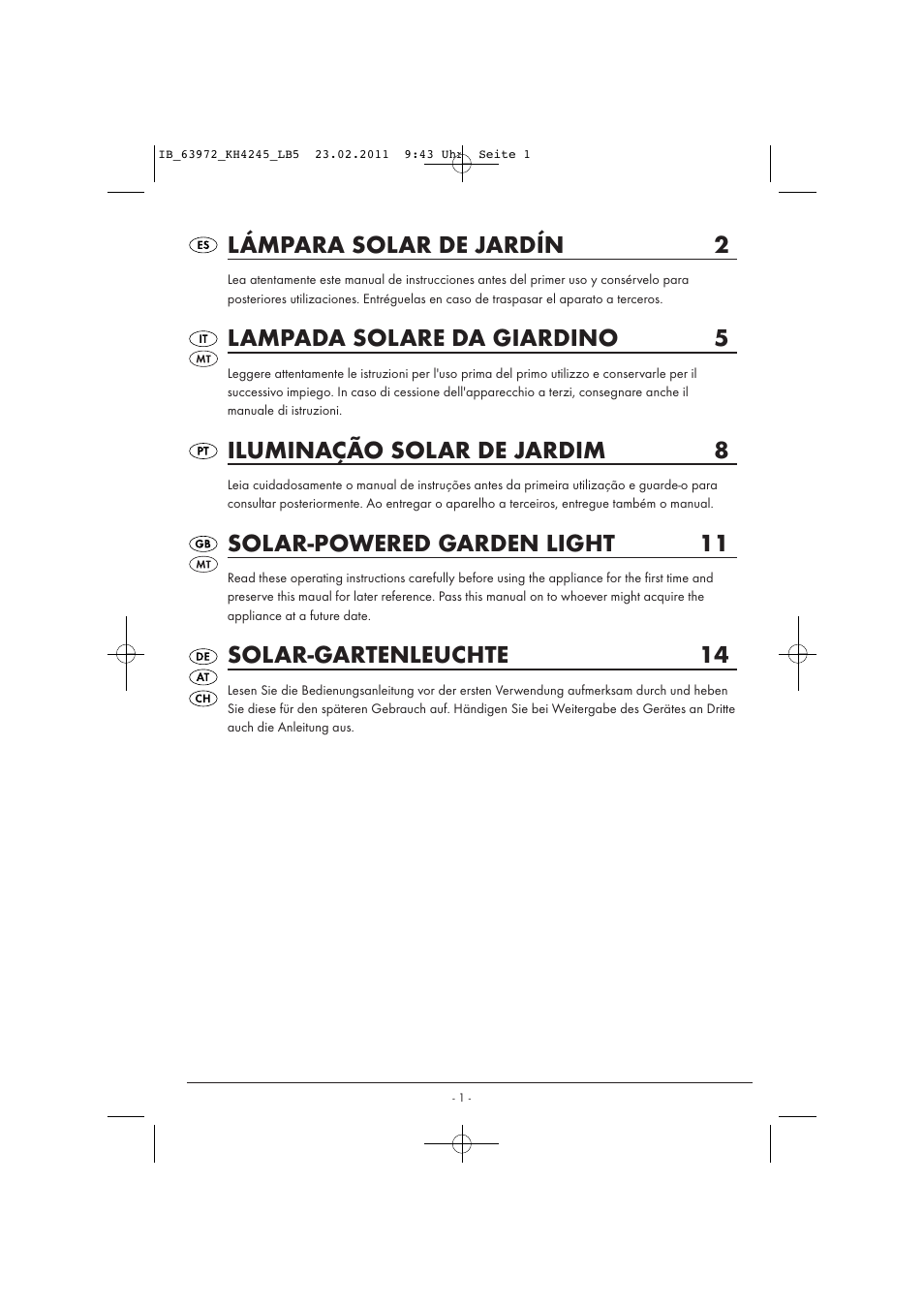 Lámpara solar de jardín 2, Lampada solare da giardino 5, Iluminação solar de jardim 8 | Solar-powered garden light 11, Solar-gartenleuchte 14 | Livarno KH 4245 User Manual | Page 3 / 18