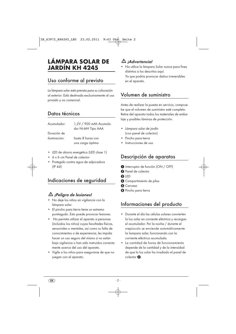 Lámpara solar de jardín kh 4245, Uso conforme al previsto, Datos técnicos | Indicaciones de seguridad, Volumen de suministro, Descripción de aparatos, Informaciones del producto | Livarno KH 4245 User Manual | Page 4 / 18