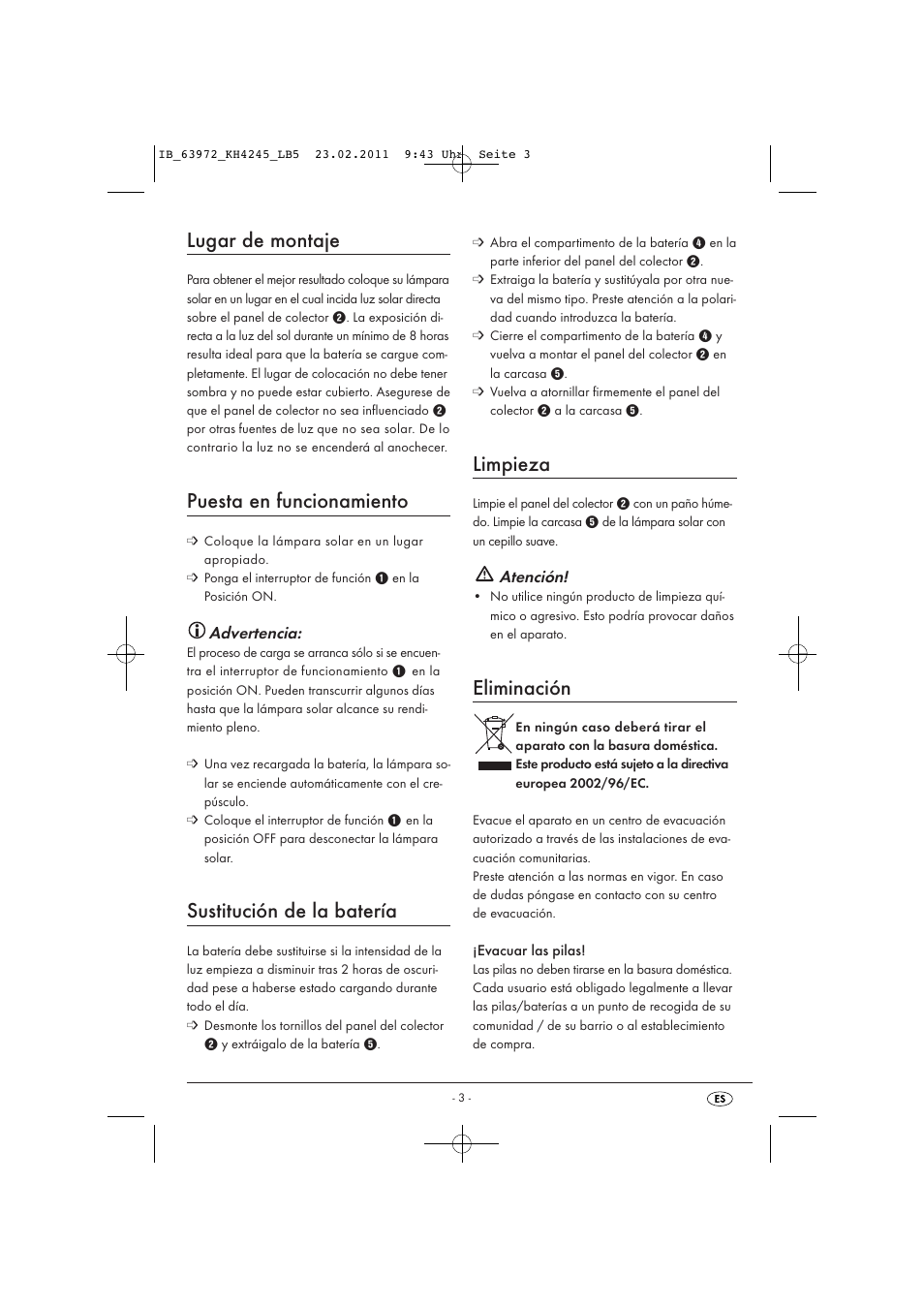 Lugar de montaje, Puesta en funcionamiento, Sustitución de la batería | Limpieza, Eliminación | Livarno KH 4245 User Manual | Page 5 / 18