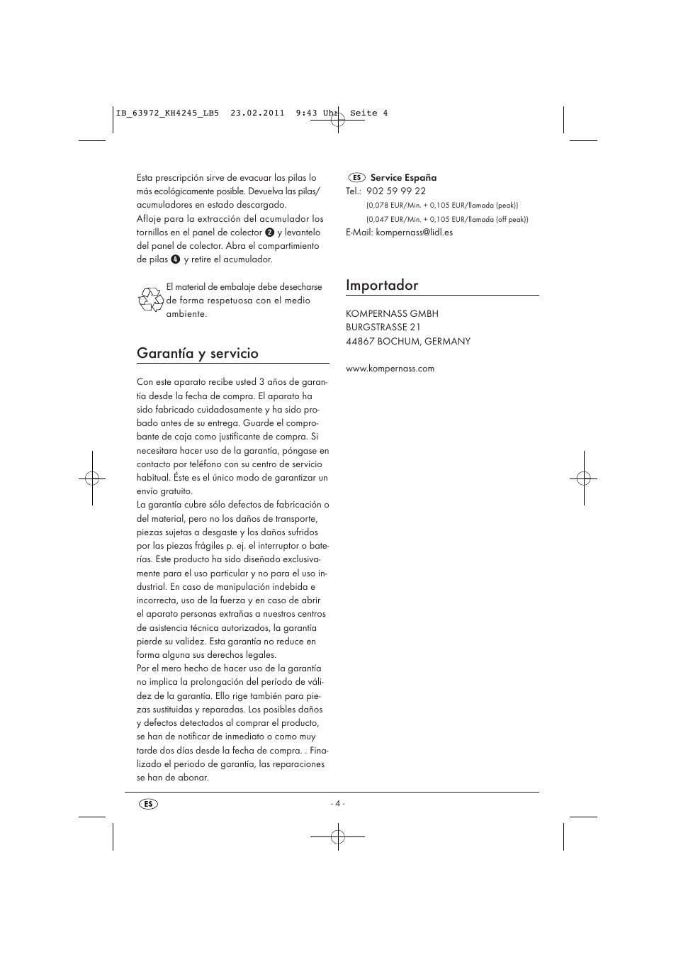 Garantía y servicio, Importador | Livarno KH 4245 User Manual | Page 6 / 18