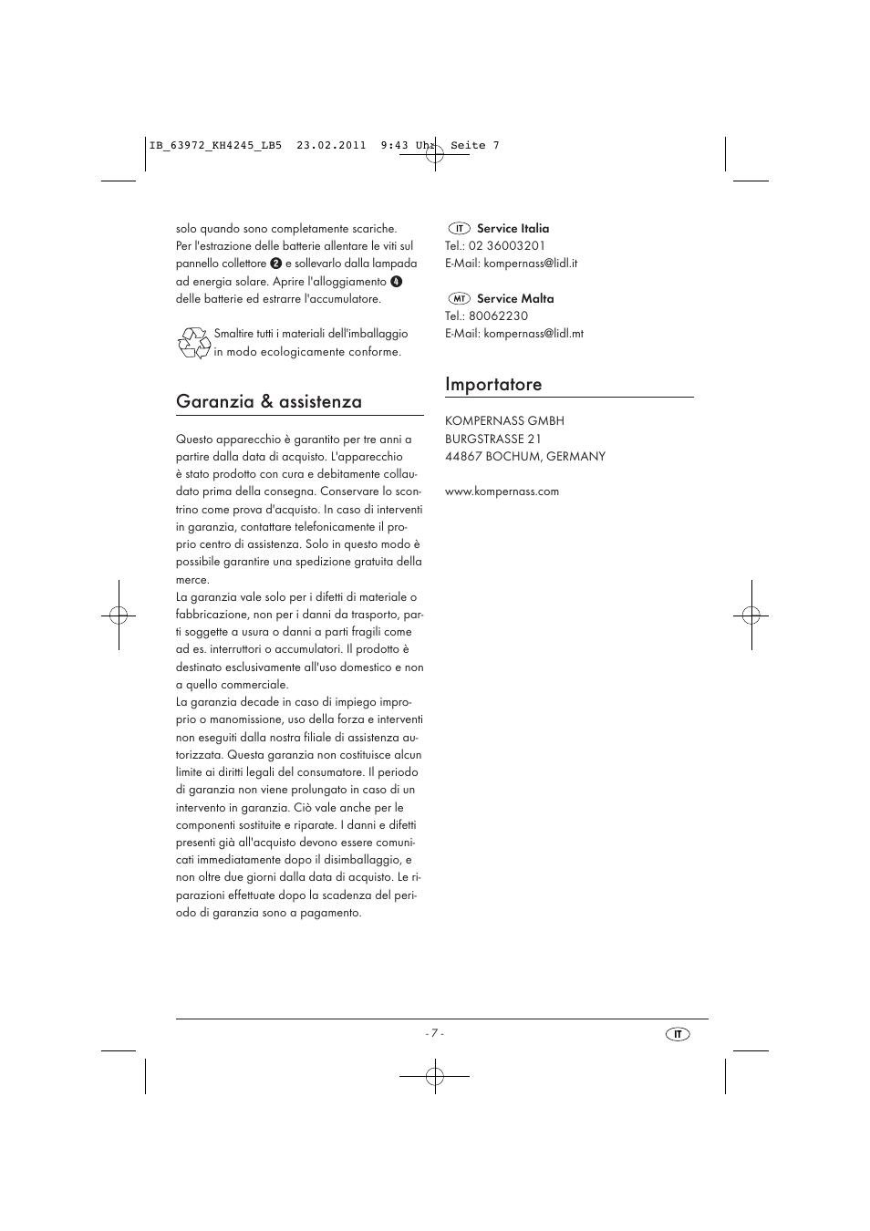 Garanzia & assistenza, Importatore | Livarno KH 4245 User Manual | Page 9 / 18
