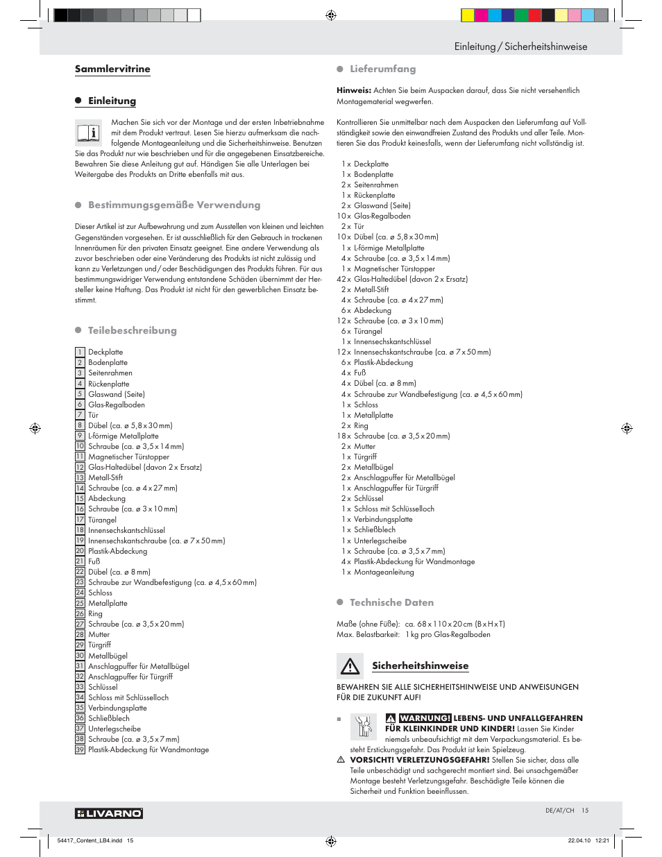 Einleitung / sicherheitshinweise, Sammlervitrine, Einleitung | Bestimmungsgemäße verwendung, Teilebeschreibung, Lieferumfang, Technische daten, Sicherheitshinweise | Livarno Z29279 User Manual | Page 13 / 24
