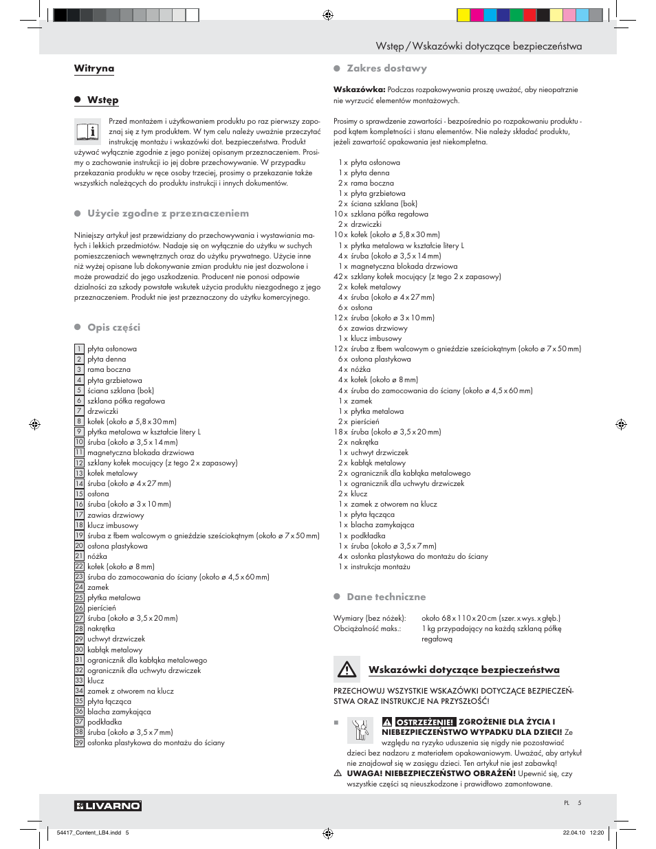 Wstęp / wskazówki dotyczące bezpieczeństwa, Witryna, Wstęp | Użycie zgodne z przeznaczeniem, Opis części, Zakres dostawy, Dane techniczne, Wskazówki dotyczące bezpieczeństwa | Livarno Z29279 User Manual | Page 3 / 24