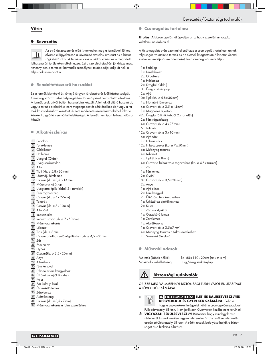 Bevezetés / biztonsági tudnivalók, Vitrin, Bevezetés | Rendeltetésszerű használat, Alkatrészleírás, Csomagolás tartalma, Műszaki adatok, Biztonsági tudnivalók | Livarno Z29279 User Manual | Page 5 / 24