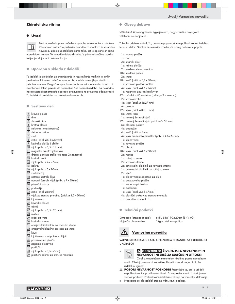 Uvod / varnostna navodila, Zbirateljska vitrina, Uvod | Uporaba v skladu z določili, Sestavni deli, Obseg dobave, Tehnični podatki, Varnostna navodila | Livarno Z29279 User Manual | Page 7 / 24