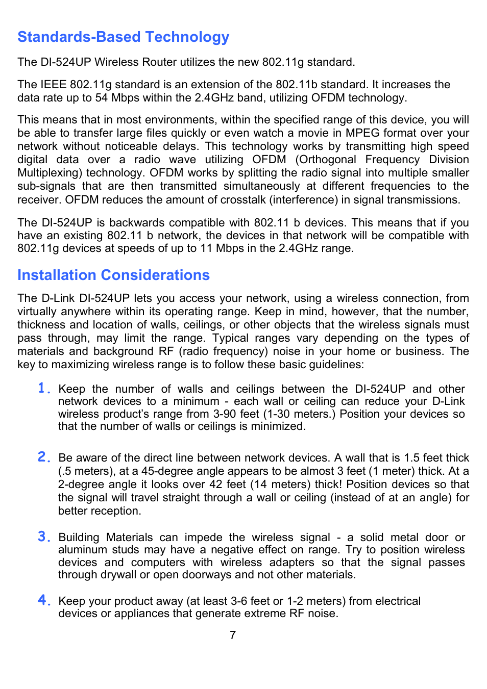 Standards-based technology, Installation considerations | D-Link DI-524UP User Manual | Page 12 / 91