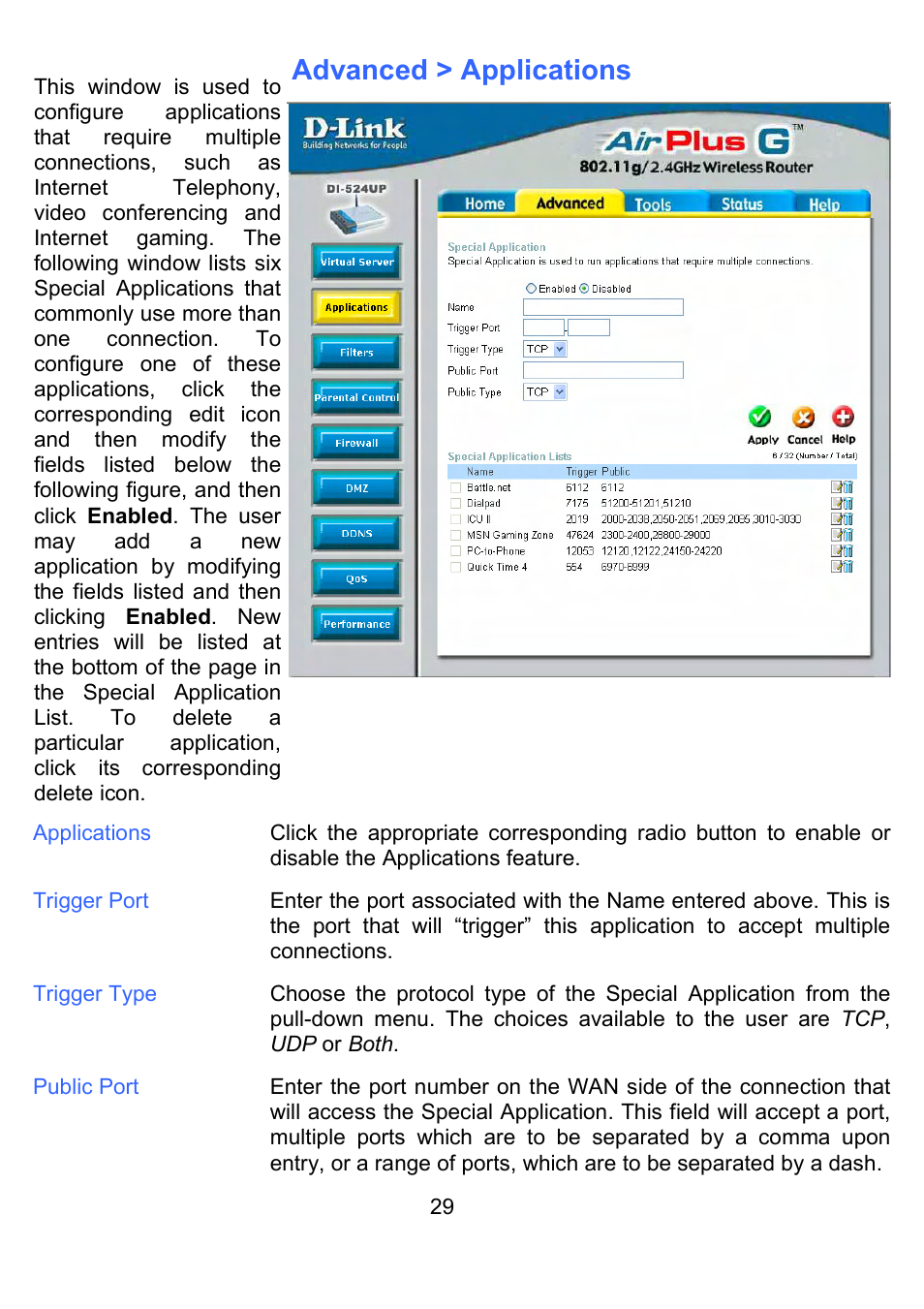 Advanced > applications | D-Link DI-524UP User Manual | Page 34 / 91