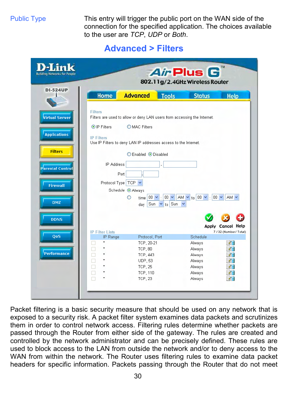 Advanced > filters | D-Link DI-524UP User Manual | Page 35 / 91