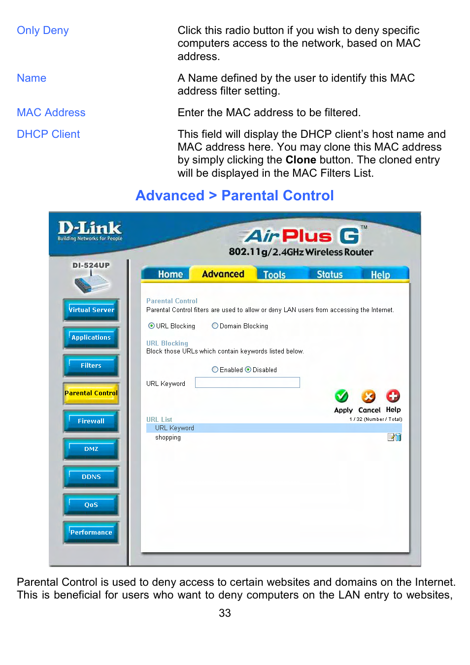 Advanced > parental control | D-Link DI-524UP User Manual | Page 38 / 91