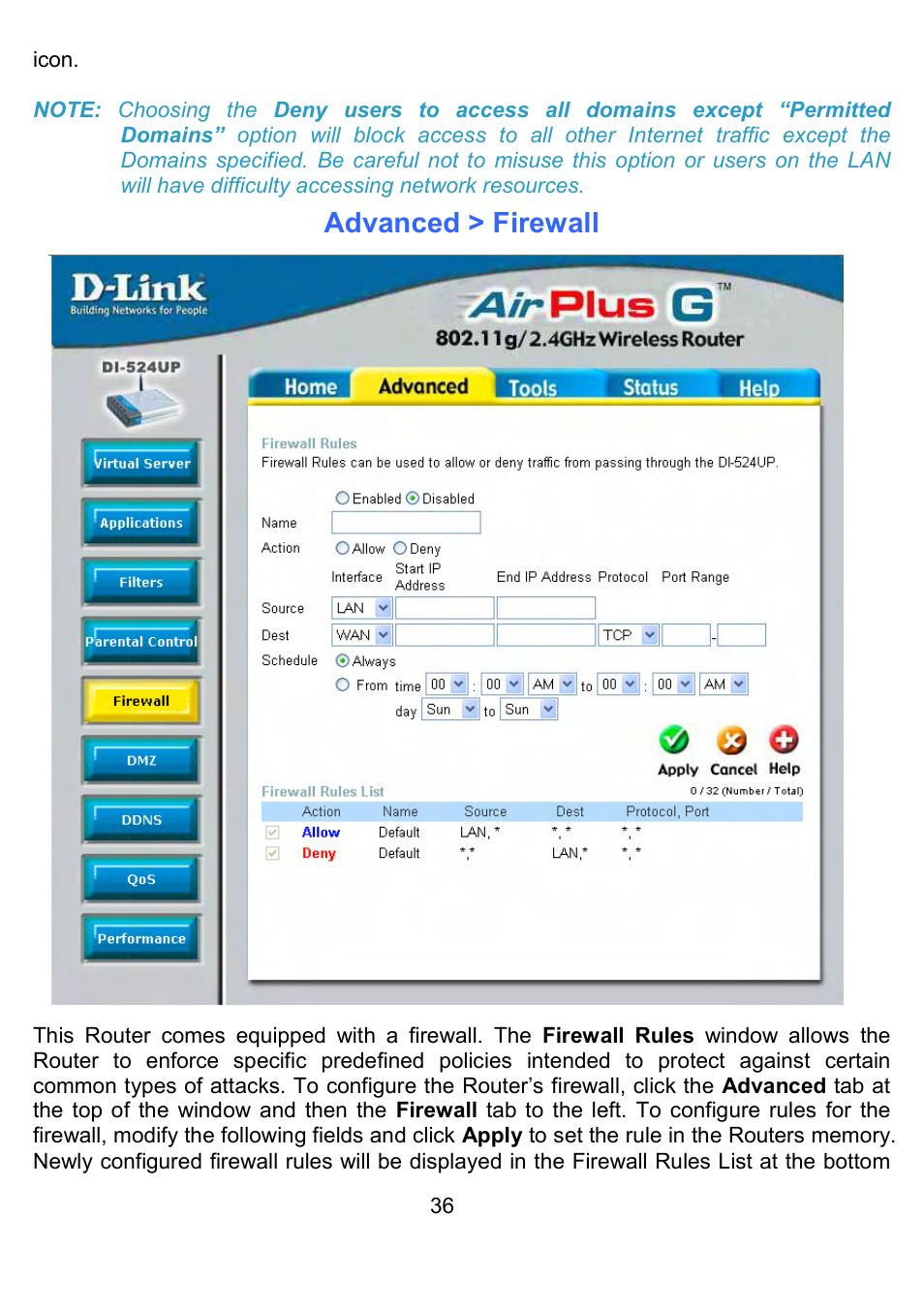 Advanced > firewall | D-Link DI-524UP User Manual | Page 41 / 91