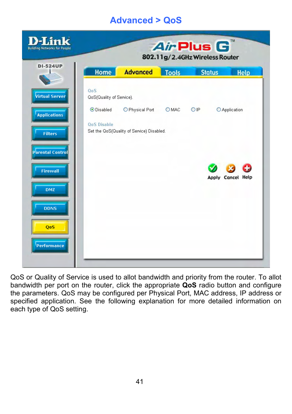 Advanced > qos | D-Link DI-524UP User Manual | Page 46 / 91