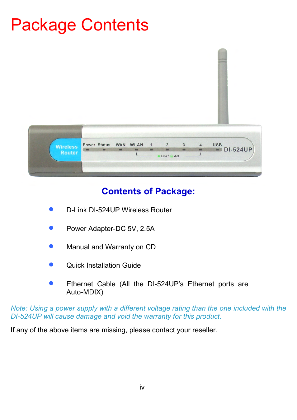 Package contents | D-Link DI-524UP User Manual | Page 5 / 91