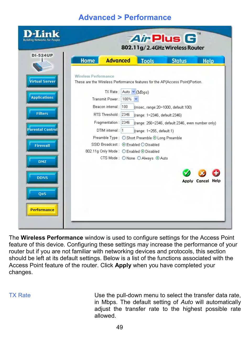 Advanced > performance | D-Link DI-524UP User Manual | Page 54 / 91