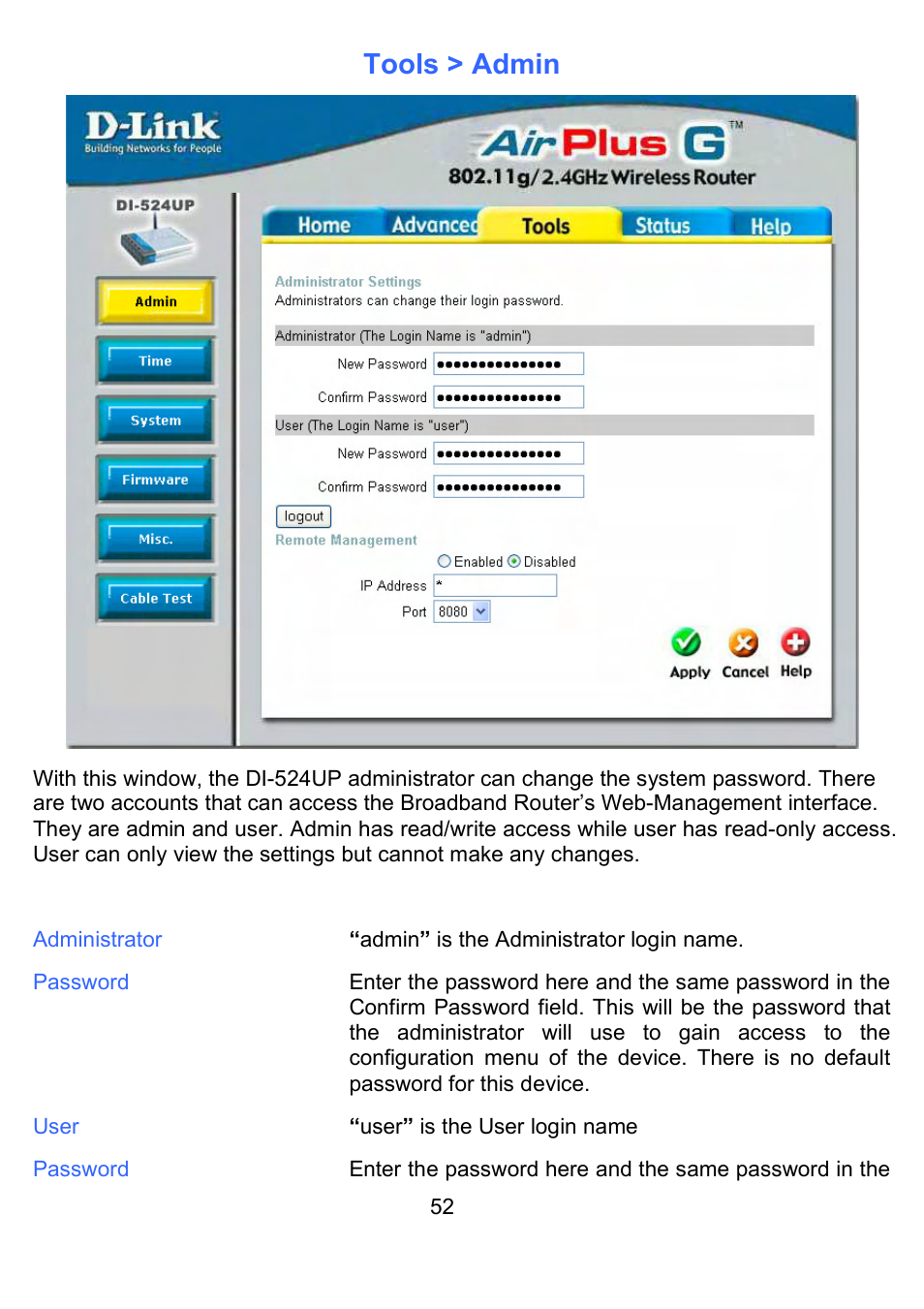 Tools > admin | D-Link DI-524UP User Manual | Page 57 / 91