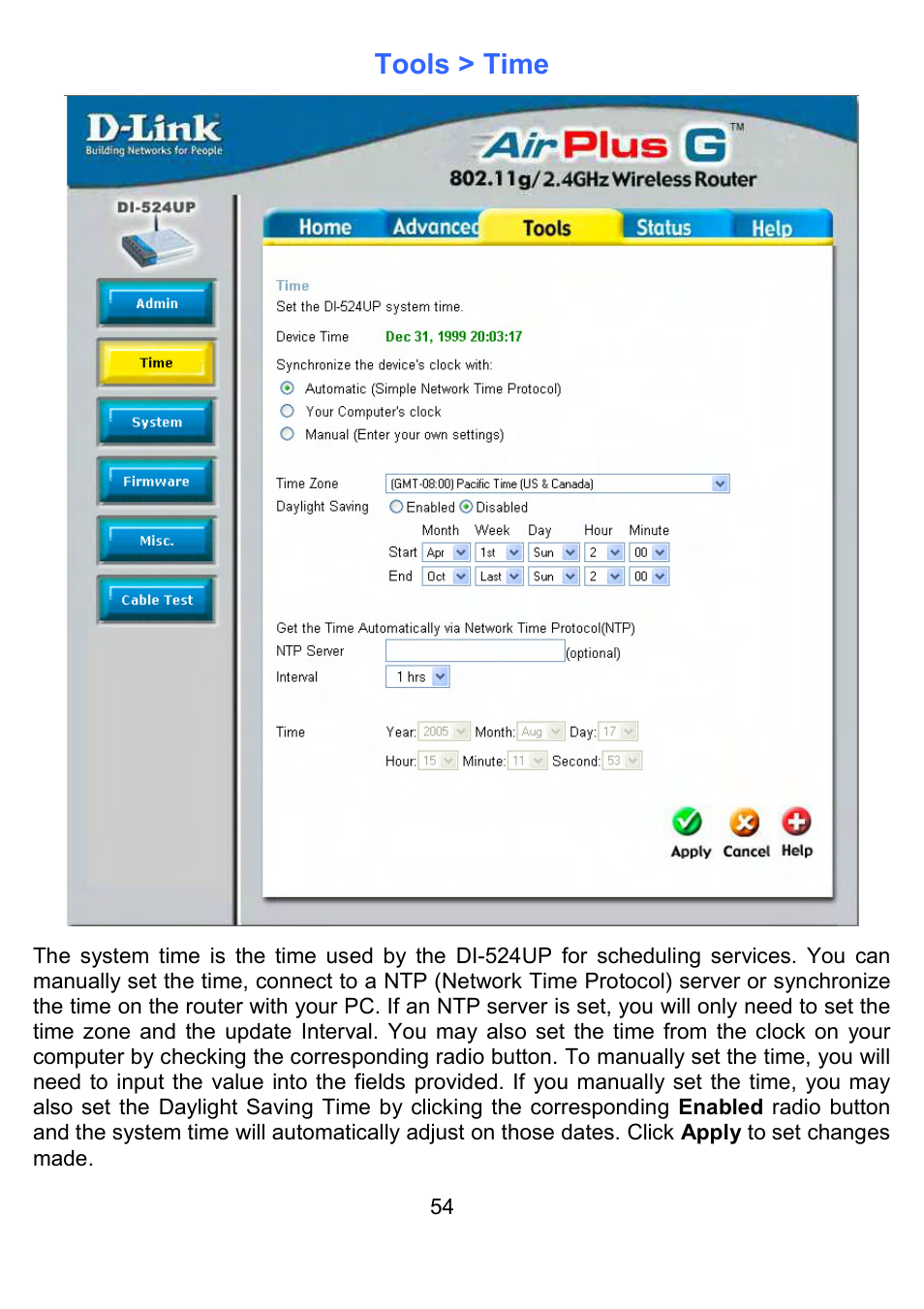 Tools > time | D-Link DI-524UP User Manual | Page 59 / 91
