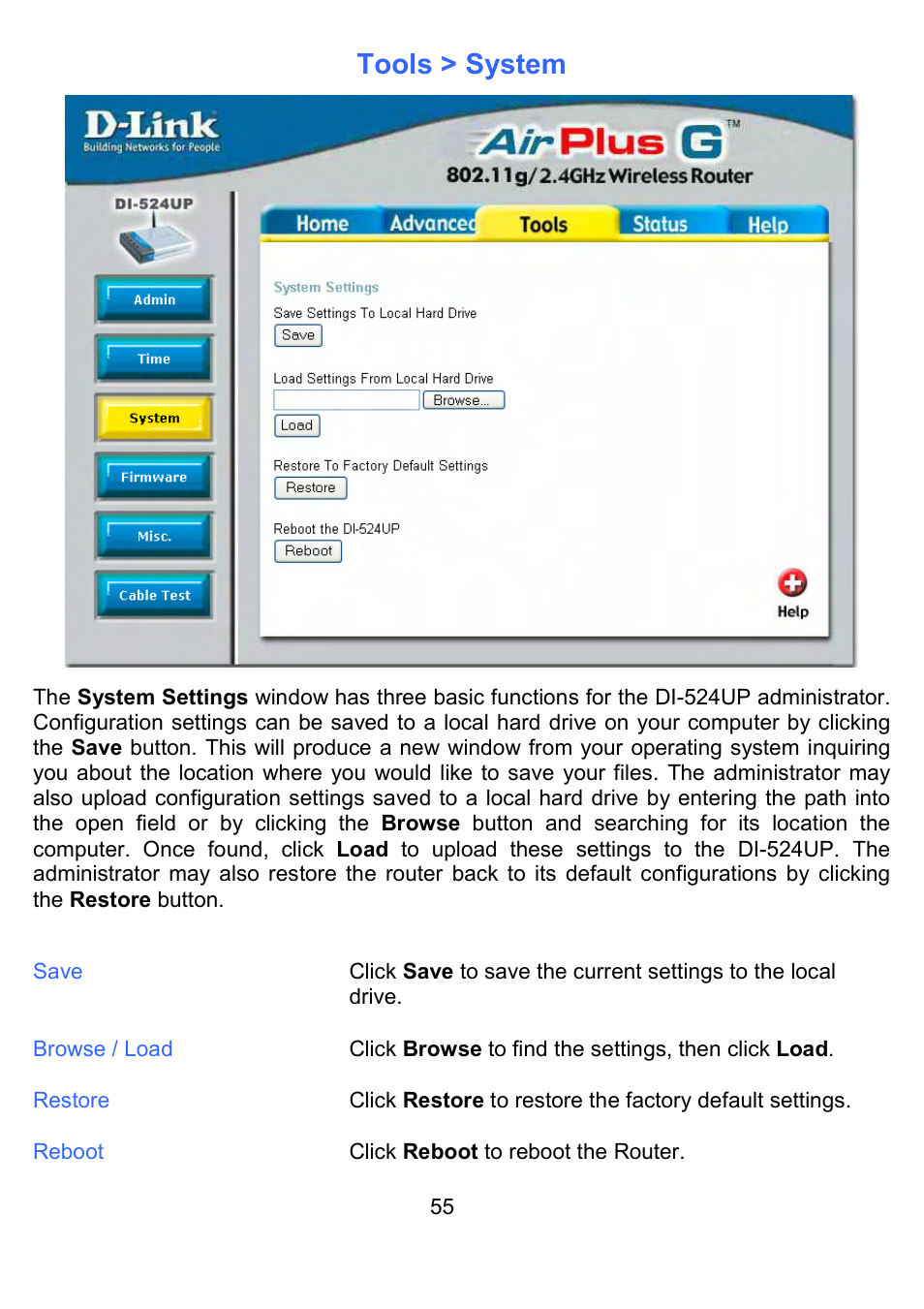 Tools > system | D-Link DI-524UP User Manual | Page 60 / 91