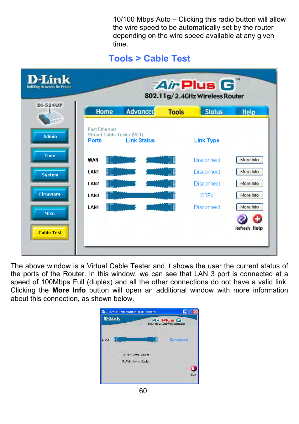 Tools > cable test | D-Link DI-524UP User Manual | Page 65 / 91