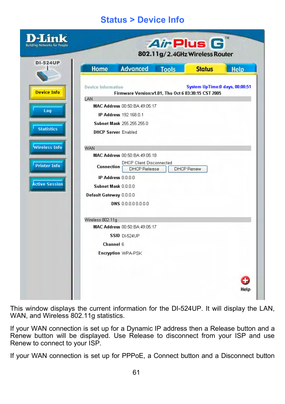 Status > device info | D-Link DI-524UP User Manual | Page 66 / 91