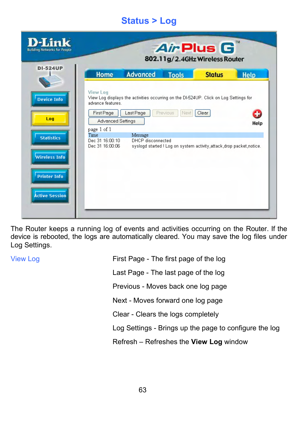 Status > log | D-Link DI-524UP User Manual | Page 68 / 91