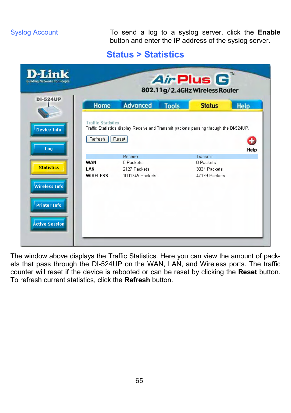 Status > statistics | D-Link DI-524UP User Manual | Page 70 / 91
