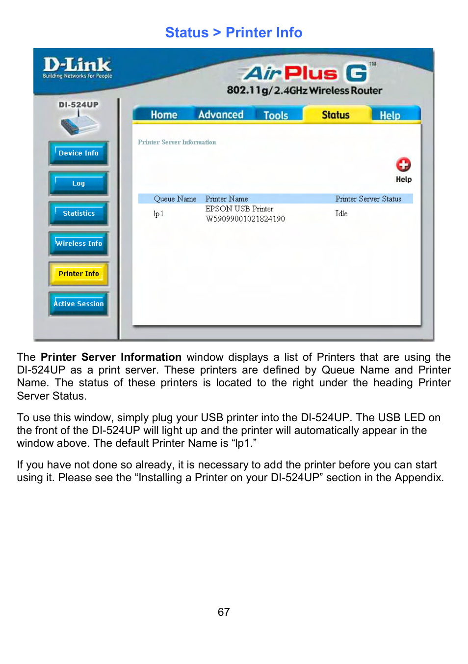 Status > printer info | D-Link DI-524UP User Manual | Page 72 / 91