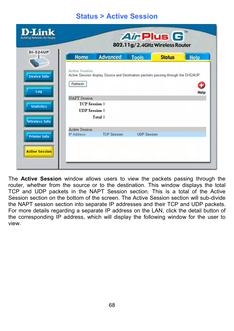 Status > active session | D-Link DI-524UP User Manual | Page 73 / 91