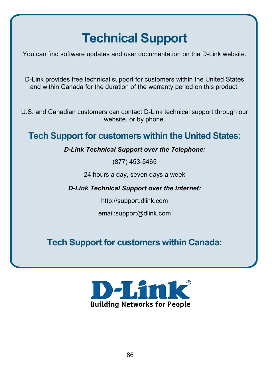 Technical support, Tech support for customers within canada | D-Link DI-524UP User Manual | Page 91 / 91