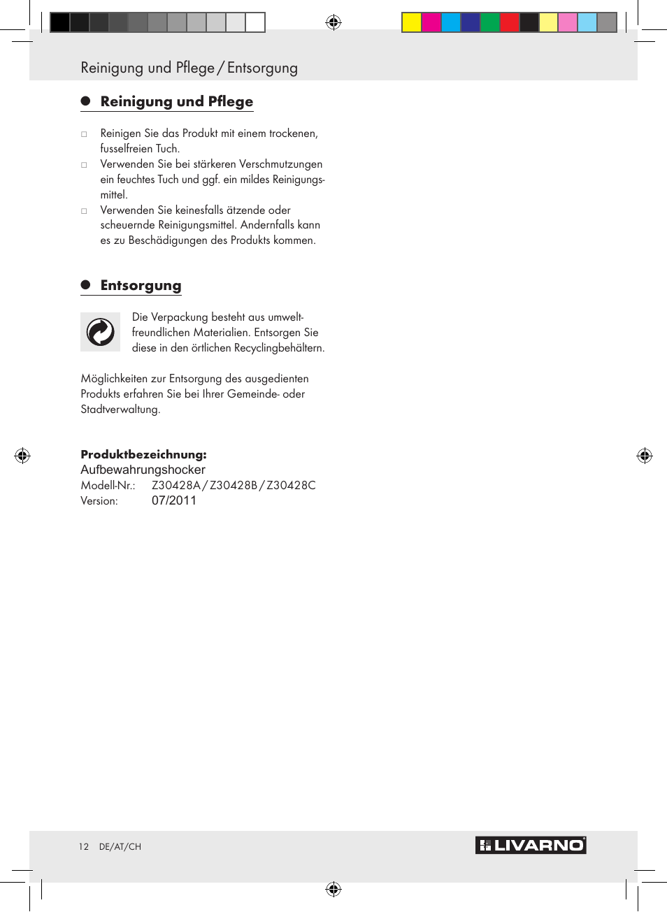 Reinigung und pflege / entsorgung, Reinigung und pflege, Entsorgung | Livarno Z30428A/Z30428B/Z30428C User Manual | Page 10 / 10