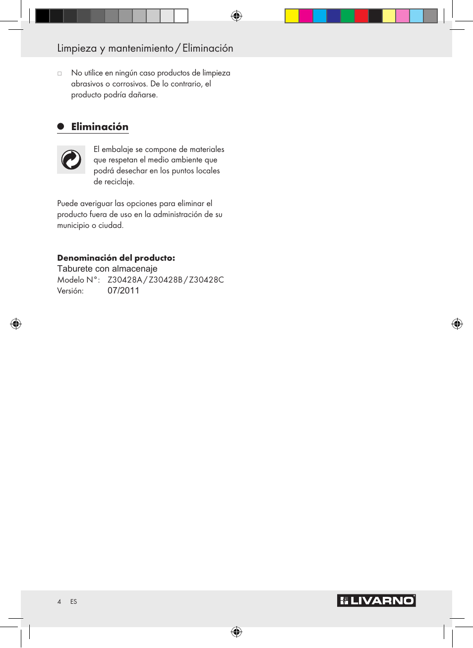 Limpieza y mantenimiento / eliminación, Eliminación | Livarno Z30428A/Z30428B/Z30428C User Manual | Page 2 / 10
