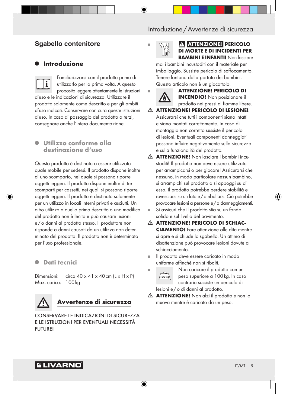 Introduzione / avvertenze di sicurezza, Sgabello contenitore, Introduzione | Utilizzo conforme alla destinazione d‘uso, Dati tecnici, Avvertenze di sicurezza | Livarno Z30428A/Z30428B/Z30428C User Manual | Page 3 / 10