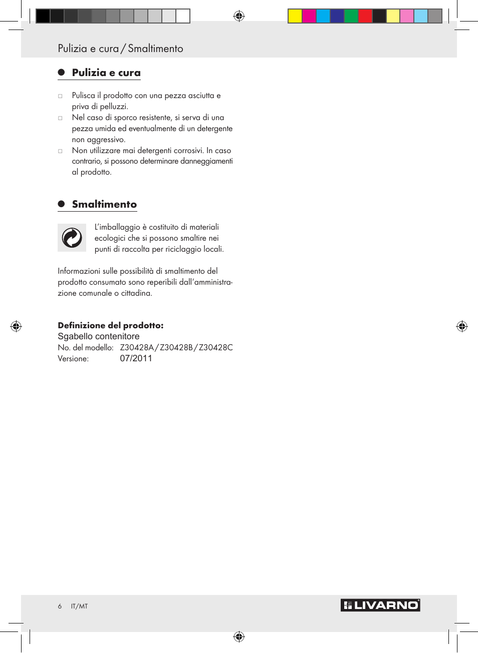 Pulizia e cura / smaltimento, Pulizia e cura, Smaltimento | Livarno Z30428A/Z30428B/Z30428C User Manual | Page 4 / 10