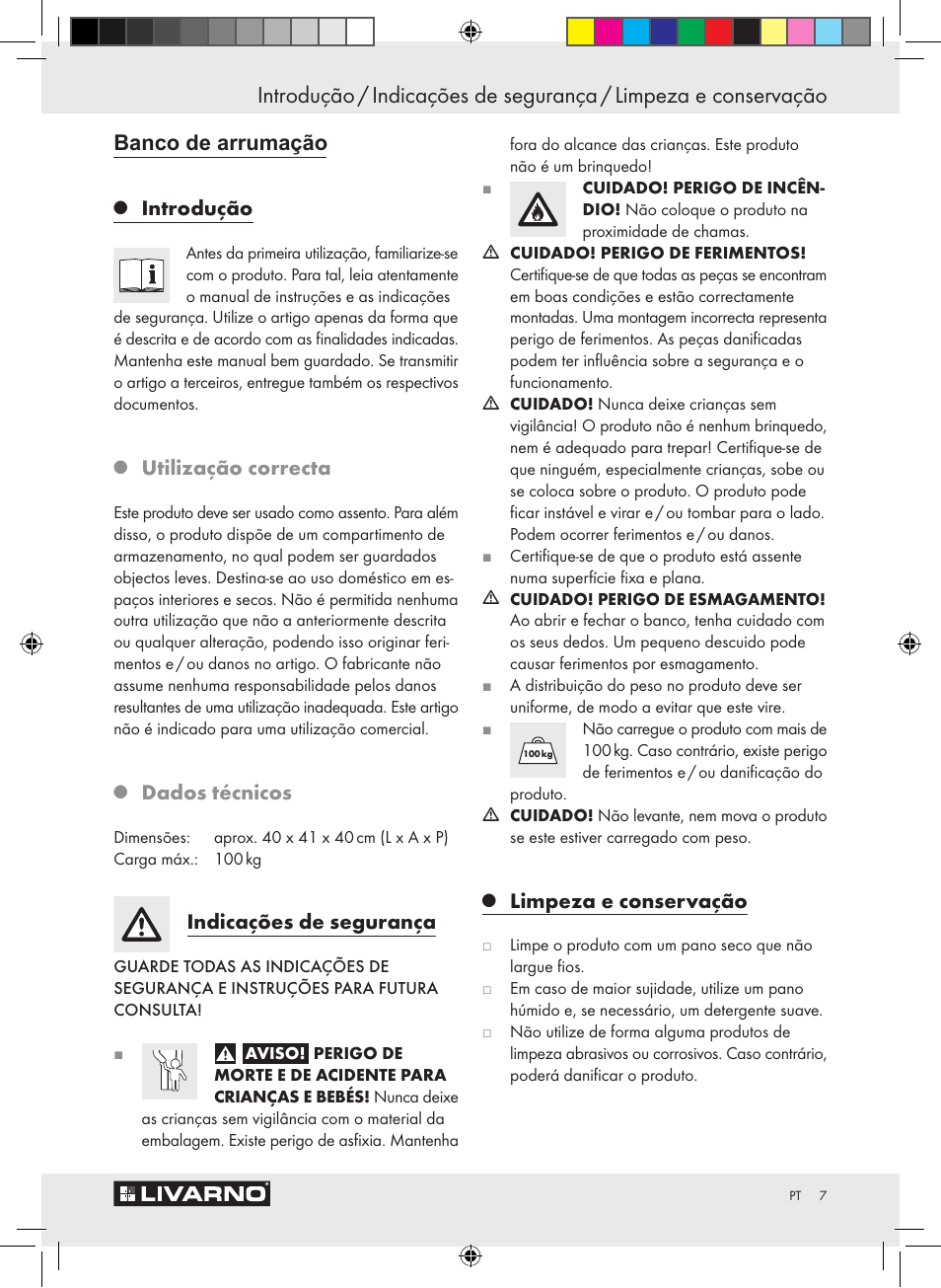 Banco de arrumação, Introdução, Utilização correcta | Dados técnicos, Indicações de segurança, Limpeza e conservação | Livarno Z30428A/Z30428B/Z30428C User Manual | Page 5 / 10