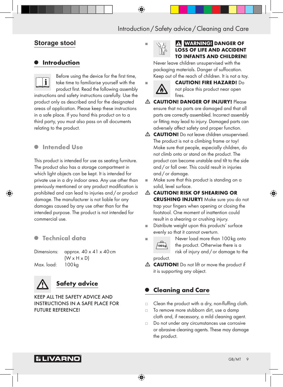 Introduction / safety advice / cleaning and care, Storage stool, Introduction | Intended use, Technical data, Safety advice, Cleaning and care | Livarno Z30428A/Z30428B/Z30428C User Manual | Page 7 / 10