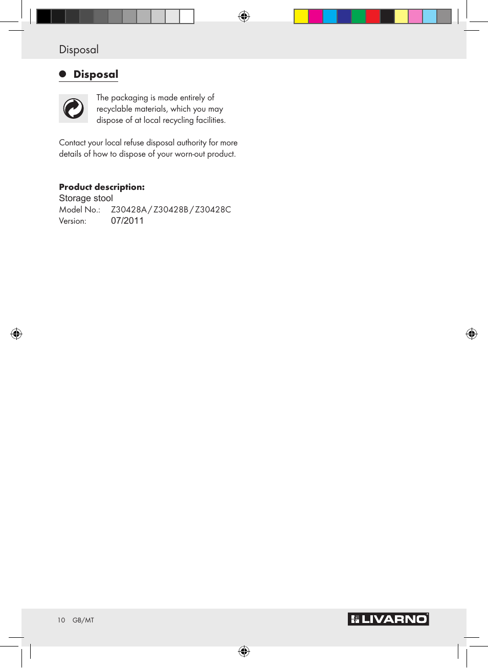 Disposal | Livarno Z30428A/Z30428B/Z30428C User Manual | Page 8 / 10