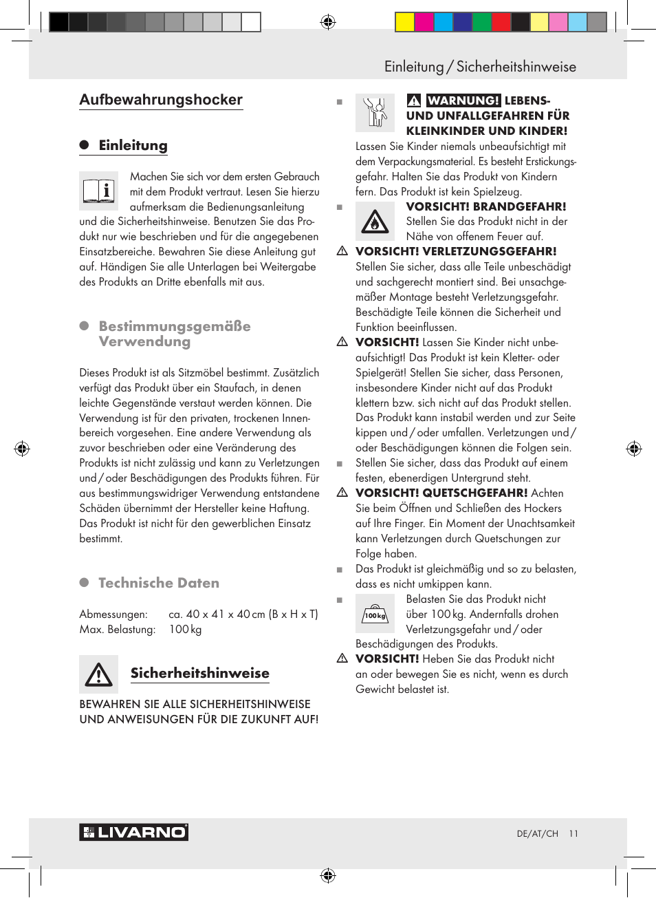 Einleitung / sicherheitshinweise, Aufbewahrungshocker, Einleitung | Bestimmungsgemäße verwendung, Technische daten, Sicherheitshinweise | Livarno Z30428A/Z30428B/Z30428C User Manual | Page 9 / 10